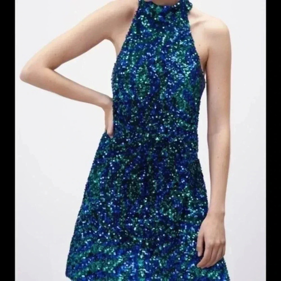 ZARA MULTICOLOR SEQUINED HALTER NECK DRESS medium 9205/102 - Picture 5 of 12